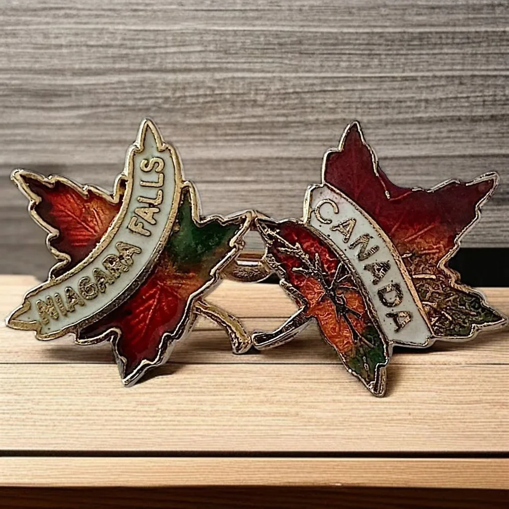 Vintage Niagra Falls Canada Pin Brooch Souvenir Double Maple Leaf Enamel Tourist